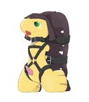  bdsm belt black_hair bondage bound cum green_eyes hair kneeling male mawile nintendo penis plain_background pok&eacute;mon saliva solo teeth tongue tongue_out unknown_artist video_games 