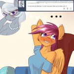  anthro anthrofied blush breasts chair clothing cutaway embarrassed english_text equine eyewear female female/female friendship_is_magic fur glasses grey_fur hair horse inside looking_at_viewer mammal my_little_pony necklace open_mouth orange_fur plain_background pony purple_hair scootaloo_(mlp) silver_spoon_(mlp) silverfox057 simple_background smile teeth text tongue white_background white_hair wings 