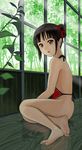  bare_shoulders barefoot black_hair bottomless brown_eyes double_bun dudou feet hair_ribbon highres indoors legs original plant ribbon short_hair sitting soles solo toes window yewang19 