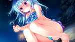  1girl ass barefoot bikini blue_hair blush breasts cameltoe feet game_cg highres kino_(kino_konomi) kino_konomi konomi_(kino_konomi) legs long_hair looking_down nakano_mei night purple_eyes shirogane_x_spirits sky small_breasts solo squatting star stars swimsuit thighs toes 