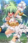  animal_ears arm_up armpits blush cat_ears chain earrings fang forest gloves green_hair highres jewelry koihime_musou kuwada_yuuki long_hair midriff moukaku nature navel paw_gloves paw_shoes paws polearm red_eyes shoes smile solo tail weapon 