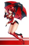  absurdres bad_id bad_pixiv_id blue_eyes boots breasts choker cleavage high_heel_boots high_heels highres keita_(tundereyuina) large_breasts long_hair looking_at_viewer original race_queen red_hair short_shorts shorts smile solo umbrella 