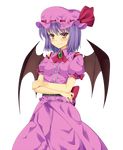  ascot bat_wings blue_hair blush brooch crossed_arms dress hat hat_ribbon jewelry mob_cap pink_dress puffy_short_sleeves puffy_sleeves red_eyes remilia_scarlet ribbon short_sleeves smile solo touhou transparent_background wings yabu_q 