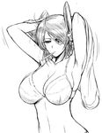  bra breasts eyepatch greyscale headgear highres kanno_takanori kantai_collection large_breasts monochrome mouth_hold short_hair solo tenryuu_(kantai_collection) underwear 