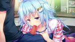  1girl blue_hair blush censored chair fellatio game_cg highres kino_(kino_konomi) kino_konomi kneeling konomi_(kino_konomi) long_hair looking_down mosaic_censoring nakano_mei oral penis purple_eyes shirogane_x_spirits sitting solo_focus sweatdrop table tears 