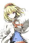 alice_margatroid awa_yume blonde_hair capelet dress hairband hand_on_own_chest high_collar highres long_sleeves looking_at_viewer neckerchief pale_skin purple_eyes short_hair simple_background solo touhou 