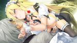  1girl alice_(bishoujo_mangekyou) apron assertive bishoujo_mangekyou blonde_hair blue_eyes blush breasts censored cum cum_in_pussy detached_collar game_cg glasses grey_hair grin happoubi_jin hetero large_breasts long_hair looking_at_another maid maid_headdress mosaic_censoring nipples penis sex smile vaginal waist_apron wrist_cuffs 
