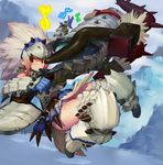  armor barioth_(armor) belt blue_gloves blush boots fangzhenyu fur_trim gloves hunting_horn instrument looking_at_viewer monster_hunter monster_hunter_big_game_hunting_quest music musical_note official_art panties playing_instrument red_eyes snow solo spikes tree underwear weapon white_hair white_panties 
