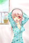  bad_id bad_pixiv_id blush breasts cleavage headphones large_breasts long_hair looking_at_viewer nitroplus one_eye_closed open_mouth pajamas pink_eyes pink_hair shappo_(dodosyappo) sleepwear solo super_sonico tears yawning 