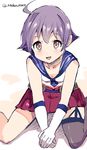  ahoge bare_shoulders cis_(carcharias) kantai_collection looking_at_viewer open_mouth purple_eyes purple_hair sakawa_(kantai_collection) sitting skirt smile solo wariza 