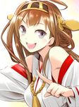  :d brown_hair detached_sleeves double_bun hairband kantai_collection kongou_(kantai_collection) long_hair nontraditional_miko open_mouth pointing primary_stage purple_eyes smile solo 