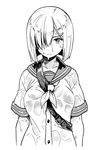  breasts greyscale hair_ornament hair_over_one_eye hairclip hamakaze_(kantai_collection) kantai_collection large_breasts looking_at_viewer monochrome nathaniel_pennel neckerchief school_uniform serafuku short_hair short_sleeves simple_background solo upper_body wet wet_clothes white_background 