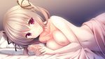  11gatsu_no_arcadia 1girl bed blush breasts character_request game_cg hayakawa_harui levol lying silver_hair smile solo 