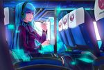  airplane_interior aqua_eyes aqua_hair cup eyewear_removed glasses hatsune_miku headphones highres holding holding_eyewear hourai_no_hangentsuki japan_airlines long_hair sitting solo thighhighs twintails very_long_hair vocaloid 