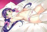  bed bed_sheet blush bra breasts garter_belt green_eyes hand_on_own_chest lingerie long_hair looking_at_viewer love_live! love_live!_school_idol_project medium_breasts navel panties purple_hair shitou_(1992116210) side-tie_panties solo stomach thighhighs toujou_nozomi twintails underboob underwear underwear_only very_long_hair white_bra white_legwear white_panties 