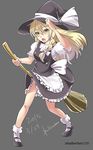  2015 artist_name badbamboo blonde_hair braid broom dated grey_background hat highres kirisame_marisa long_hair open_mouth simple_background single_braid solo touhou twitter_username witch_hat yellow_eyes 