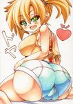  :d ass bad_anatomy blush breasts from_behind green_eyes heart kasumi_(pokemon) large_breasts looking_at_viewer looking_back marker_(medium) millipen_(medium) open_mouth orange_hair pokemon shorts side_ponytail simple_background slit_pupils smile solo suspenders traditional_media uneven_eyes white_background yutakasan-love 
