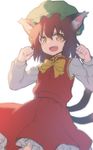  animal_ears blurry bow bowtie brown_eyes brown_hair cat_ears cat_tail chen fang g.t hat highres jewelry long_sleeves looking_at_viewer mob_cap multiple_tails open_mouth shirt short_hair simple_background single_earring skirt skirt_set smile solo tail touhou vest white_background 