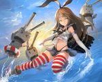  &gt;_&lt; :&lt; akira0171 blonde_hair closed_eyes cloud crop_top dutch_angle elbow_gloves gloves hairband kantai_collection lifebuoy long_hair midriff navel outdoors rensouhou-chan sailor_collar shimakaze_(kantai_collection) skirt sky smile striped striped_legwear sun thighhighs triangle_mouth water white_gloves yellow_eyes ||_|| 
