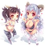  animal_ears bikini black_hair blue_hair breasts dunceneygak fang flat_chest full_body goat_ears goat_girl goat_horns goat_tail heart hooves horns large_breasts long_hair multiple_girls navel original pointy_ears ponytail red_eyes shadow sheep_ears sheep_girl sheep_horns sheep_tail side-tie_bikini simple_background smile swimsuit tail very_long_hair white_background white_bikini wool yellow_eyes 