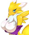  2019 armwear big_breasts black_sclera blue_eyes breast_support breasts clothing digimon digimon_(species) featureless_breasts fur hi_res kemojin multicolored_fur renamon simple_background smile solo two_tone_fur video_games white_background white_fur yellow_fur yellow_tail 