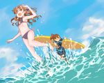  bikini brown_eyes brown_hair long_hair misaka_mikoto multiple_girls senjimon_kayumi shirai_kuroko short_hair splashing surfboard swimsuit to_aru_kagaku_no_railgun to_aru_majutsu_no_index twintails wetsuit 