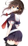  blue_eyes braid brown_hair cowboy_shot hair_ornament hair_over_shoulder kantai_collection looking_back naoto_(tulip) open_mouth pleated_skirt remodel_(kantai_collection) school_uniform serafuku shigure_(kantai_collection) simple_background single_braid skirt solo white_background wind 