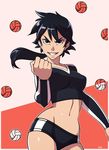  black_eyes black_hair clenched_hand determined grin highres long_hair midriff original ponytail short_shorts shorts smile solo sportswear typo_(requiemdusk) volleyball volleyball_uniform 