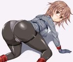  black_legwear blush brown_eyes brown_hair cameltoe gloves grey_panties hibax-fre milihime_taisen military military_uniform panties panties_under_pantyhose pantyhose reverberi_(milihime_taisen) short_hair solo thighband_pantyhose underwear uniform 