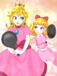  aomidoro_(pixiv_317717) blonde_hair blue_eyes bow company_connection crossover crown dress earrings elbow_gloves freckles frying_pan gloves hair_bow jewelry lips long_hair looking_at_another mario_(series) mother_(game) mother_2 multiple_girls paula_(mother_2) pink_dress princess_peach puffy_sleeves super_mario_bros. trait_connection weapon white_gloves 