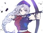  aiming arrow bad_id bad_twitter_id blurry bow_(weapon) braid colorized cross drawing_bow dress g.t hat holding holding_arrow holding_bow_(weapon) holding_weapon long_hair nurse_cap outstretched_arm puffy_sleeves sash short_sleeves silver_eyes silver_hair simple_background single_braid sketch solo touhou very_long_hair weapon white_background yagokoro_eirin 