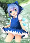  :d bad_id bad_pixiv_id blue_eyes blue_hair blush bow cirno dress dress_lift fang hair_bow highres looking_at_viewer open_mouth panties sakuraba_hikaru_(loveindog) short_hair smile solo touhou underwear wading water white_panties wings 