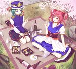  armband blanket blue_eyes bottle cherry_blossoms choko_(cup) chopsticks cup dress epaulettes grass green_hair hair_bobbles hair_ornament hat hat_ribbon index_finger_raised indian_style kurage_(artist) layered_dress long_sleeves looking_at_another looking_up multiple_girls obentou omelet onozuka_komachi petals picnic plate puffy_short_sleeves puffy_sleeves red_eyes red_hair ribbon rock rod_of_remorse sandals_removed scythe seiza shiki_eiki shoes_removed short_hair short_sleeves sitting skirt skirt_set sweatdrop tabi tamagoyaki tokkuri touhou tree tree_branch two_side_up 