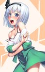  bare_shoulders blue_eyes blush breasts chemise h_kasei hair_ribbon konpaku_youmu looking_at_viewer off_shoulder open_clothes open_mouth open_shirt open_vest puffy_short_sleeves puffy_sleeves ribbon shirt shirt_pull short_sleeves silver_hair skirt skirt_set small_breasts solo strap_slip touhou undressing vest 