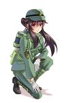  ankle_boots ankle_wrap boots brown_eyes brown_hair gloves hat highres imperial_japanese_navy kneeling long_hair longmei_er_de_tuzi military military_uniform original ponytail shadow sidelocks simple_background soldier solo uniform white_background white_gloves world_war_ii 
