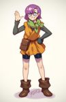  ;) ankle_boots belt_pouch bike_shorts blue_eyes boots chrono_trigger ear_piercing earrings full_body glasses grin highres jewelry lucca_ashtear neckerchief no_headwear one_eye_closed piercing pouch purple_hair robert_porter short_hair smile solo waving 
