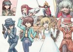  anchovy announcer aqua_eyes aqua_hair arms_up arsene_lupin_iii arsene_lupin_iii_(cosplay) blonde_hair bow bowler_hat brown_eyes brown_hair caesar_(girls_und_panzer) carpaccio carro_veloce_cv-33 castle_of_cagliostro chasing clarisse_de_cagliostro clarisse_de_cagliostro_(cosplay) collarbone cosplay count_lazare_de_cagliostro count_lazare_de_cagliostro_(cosplay) dress erwin_(girls_und_panzer) girls_und_panzer glasses gloves graphite_(medium) green_eyes green_jacket ground_vehicle gun gustav_(cagliostro) gustav_(cagliostro)_(cosplay) hair_bow hakama handgun hat headband helmet holding_hands ishikawa_goemon_xiii ishikawa_goemon_xiii_(cosplay) jacket japanese_clothes jewelry jigen_daisuke jigen_daisuke_(cosplay) katana katyusha kneeling l3_(tank) long_hair looking_at_another lupin_iii microphone military military_vehicle motor_vehicle multiple_girls necklace necktie nonna omachi_(slabco) open_mouth oryou_(girls_und_panzer) parody pepperoni_(girls_und_panzer) red_eyes red_hair revolver riding riding_crop running saemonza sarashi short_hair simple_background smile sword tank traditional_media trench_coat twintails visor_cap watercolor_(medium) weapon white_background white_dress yellow_neckwear zenigata_kouichi zenigata_kouichi_(cosplay) 