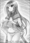  akemi_homura artist_name blush capelet frilled_skirt frills greyscale groin hairband long_hair long_sleeves mahou_shoujo_madoka_magica monochrome navel nightmare77zx panties parted_lips skirt skirt_lift solo soul_gem traditional_media underwear 