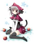  animal_ears apple bite_mark black_legwear blush capelet cat_ears cat_tail dress food frilled_skirt frills fruit hakoniwa_no_gakuen hood komiya_rio korie_riko looking_at_viewer miniskirt official_art red_eyes silver_hair sitting skirt solo star tail thighhighs v_arms wariza 