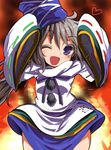  ;d bangs eyebrows_visible_through_hair harusame_(unmei_no_ikasumi) hat hat_ribbon heart long_sleeves mononobe_no_futo one_eye_closed open_mouth ribbon shirt silver_hair skirt sleeves_past_fingers sleeves_past_wrists smile solo touhou wide_sleeves 