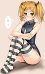  1girl bad_id bad_pixiv_id blonde_hair feet front_zipper_swimsuit grey_eyes hair_ornament hairclip inu_(marukome) legs looking_at_viewer meme_attire one-piece_swimsuit shirobako short_hair sitting solo spoken_ellipsis striped striped_legwear swimsuit thighhighs thighs toes twintails yano_erika zipper 