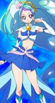  blue_background blue_eyes blue_hair blue_skirt cure_mermaid earrings go!_princess_precure jewelry kaidou_minami long_hair looking_at_viewer magical_girl manji_(tenketsu) midriff multicolored_hair navel precure purple_hair skirt solo two-tone_hair very_long_hair 