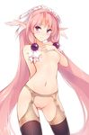  agarest_senki agarest_senki_(series) arm_behind_back black_legwear blush breasts covering covering_crotch ellis_(agarest_senki) garter_belt groin hand_on_own_chest lingerie long_hair looking_at_viewer navel nipples nude parted_lips pink_hair pointy_ears purple_eyes ricegnat simple_background skindentation small_breasts solo thighhighs topless twintails underwear veil very_long_hair white_background 