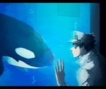  animal aquarium black_hair hand_on_glass hat jojo_no_kimyou_na_bouken kuujou_joutarou male_focus orca otyaume_1910 solo 