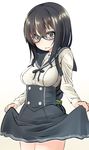  bad_id bad_pixiv_id bangs beige_background black-framed_eyewear black_eyes black_hair black_ribbon blush braid breasts buttons cowboy_shot double-breasted glasses gradient gradient_background green_scrunchie hair_ornament hair_scrunchie highres lace lace-trimmed_skirt long_hair long_sleeves looking_at_viewer medium_breasts nekobaka open_mouth original ribbon scrunchie simple_background single_braid skirt skirt_hold solo wavy_mouth 