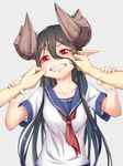  black_hair cheek_pinching clenched_teeth dragon_girl dragon_horns dream_demon fangs grey_background hair_between_eyes hands hands_on_another's_wrists horned_girl_(dream_demon) horns long_hair original out_of_frame pinching pointy_ears pov pov_hands red_eyes school_uniform serafuku simple_background solo_focus teeth upper_body 