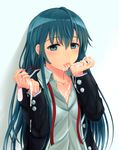  blue_eyes blue_hair condom cum highres inanaki_shiki long_hair school_uniform solo used_condom yahari_ore_no_seishun_lovecome_wa_machigatteiru. yukinoshita_yukino 