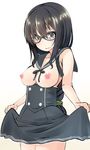  bad_id bad_pixiv_id bangs bare_shoulders beige_background black-framed_eyewear black_eyes black_hair black_ribbon blush braid breasts breasts_outside cowboy_shot double-breasted glasses gradient gradient_background green_scrunchie hair_ornament hair_scrunchie highres lace lace-trimmed_skirt long_hair looking_at_viewer medium_breasts nekobaka nipples open_mouth original ribbon scrunchie simple_background single_braid skirt skirt_hold skirt_lift sleeveless solo wavy_mouth 