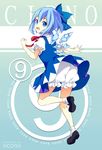  1girl ankle_socks artist_name bad_id bad_pixiv_id bloomers blue_dress blue_eyes blue_hair bow character_name cirno dress dress_lift from_behind hair_bow ice ice_wings leg_up looking_at_viewer looking_back mary_janes okono puffy_short_sleeves puffy_sleeves shoes short_hair short_sleeves solo touhou underwear wings 