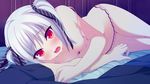  1boy 1girl artist_request bed blush bra breasts character_request game_cg hair_ribbon kinta looking_at_viewer lying mayachi_(amuriya) on_side open_mouth panties red_eyes ribbon silver_hair small_breasts solo source_request underwear valkyrie_runabout! 